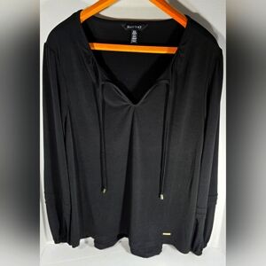 Ellen Tracy Blouse XL Black Beautiful Flowy Long Sleeve V Neck Drawstring